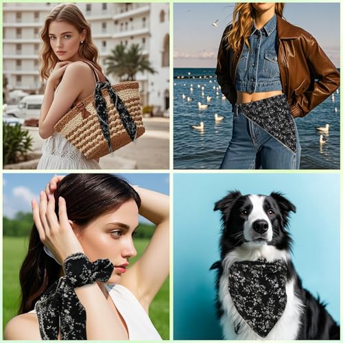 Floral Bandanas for Women Men, 27" x 27" Large Cotton Bandana Headband Head Wraps Hair Scarf for Beach Camping - color: Black Floral-herbal