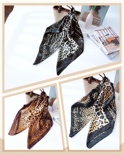 Mesovor 35” Square Head Scarf for Women, 3 Pack Like Silk Satin Headscarf Hair Neck Scarf Top Bandanas for Sleeping - color: Leopard(black/Yellow/Coffee)