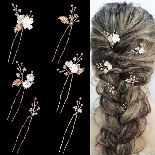 Handmade Pearl Bridal Wedding Hair Pins 6Pcs White Flower Gold Leaf Pearls Clips Bridal Hair Accessories for Women Brides Bridesmaid - color: Gold / Pearl White Flower