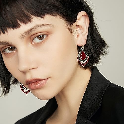 Unique Bohemian Vintage Sparkly Crystal Colorful Round Flower leverback earrings Boho Retro Bronze Circle Beaded Flower Floral Dangle Drop Earrings for Women - color: Red 11