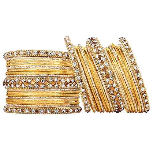 Aheli Ethnic Colorful Metal Bangles Chudha Set Stone Studded Bangle Set Indian Wedding Wear Fashion Jewelry Gift for Women Blue - color: Yellow
