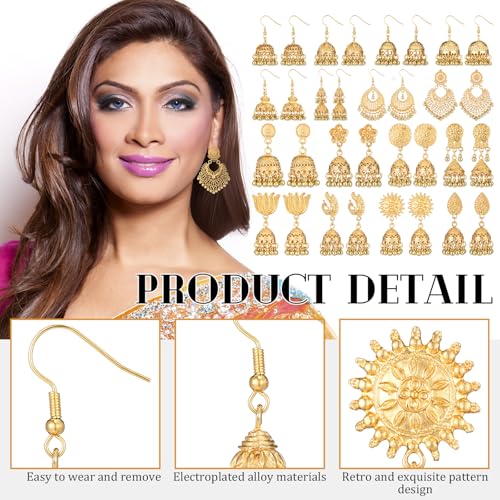 Nosiny 16 Pairs Jhumkas Indian Earrings for Women Vintage Jhumka Bell Hoop Dangle Earrings Set Ethnic Bohemian Indian Jewelry - color: Gold