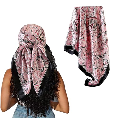 Hexchasty 35”Head Scarf Satin Silk Like Hair Scarf Large Square Head Scarves Bandana Head Wraps Headscarfs for Women Green - color: C-pink Black