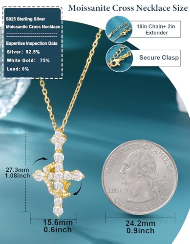 YIMERAIRE Upgraded Moissanite Crown Cross Necklace 14K Gold Vermeil 1.1 Carats Dainty Iced Out Easter Basket Stuffer Cross Jewelry S925 Sterling Silver Simple Gold Christian Faith Moissanite Cross Pendant Necklace For Women - color: 14k Gold Vermeil