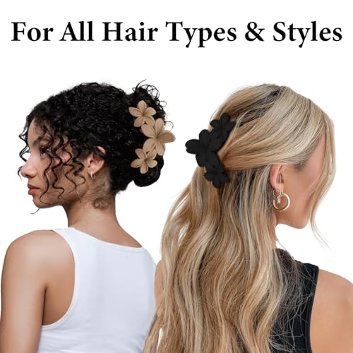 ANBALA 4PCS Hawaiian Plumeria Flower Hair Clips - Large Non-Slip Matte Claw Clips for Women, Strong Hold Beach Hair Accessories - color: brown, black, white，apricot