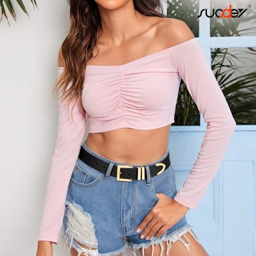 SUOSDEY Plus Size Women's Leather Belts for Jeans Pants Dress Fashion Women Waist Belt with Gold Buckle - color: Black, size: Fit waist size 32''-37''