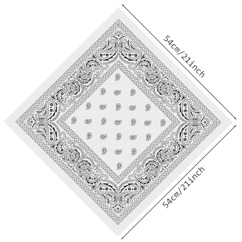 PLULON Bandanas for Men Women 4/12/24/30 Pack, Paisley Pattern Bandana Bulk Headbands Handkerchief Face Mask 100% Polyester - color: White