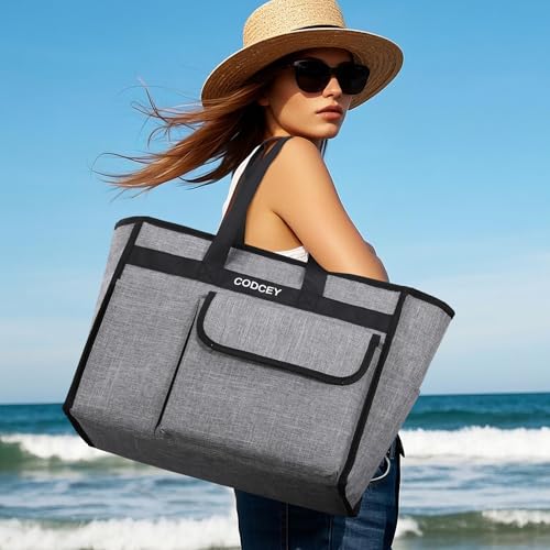 Large Utility Tote Bag with Reinforced Bottom, Waterproof Multi Pockets Beach Tote Bag for Travel, Work, School - color: Grey