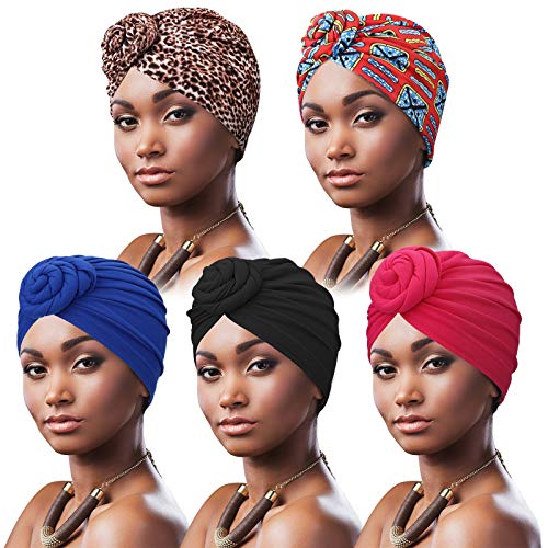 DRESHOW 5 Pack Knotted Headwraps for Women African Turban Pre-Knotted Beanie Headwraps Hair Covers - color: 5 Pack Donuts: 2 Pcs Flower, Black, Royal Blue, Hot Pink