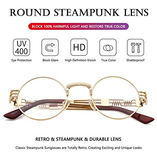 AIEYEZO Round Steampunk Sunglasses for Men Women Retro Circle Hippie Glasses Metal Frame 100% UV Blocking Lens - color: A1 Gold/Transparent
