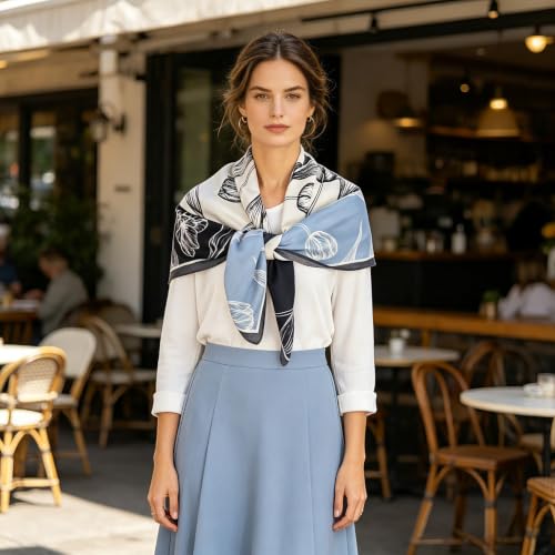 35" Head Scarf Large Square Scarf Like Cotton Hairscarf Fashion Scarves Bandana Night Sleeping Wraps for Women B01 - color: Black/Blue Tulips