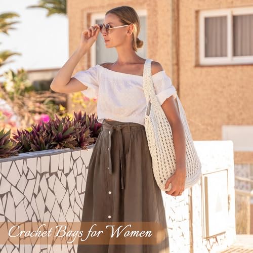 Tavaleu Crochet Tote Beach Bags for Women, Mesh Beach Tote Knit Bag, Summer Vacation Aesthetic Boho Hobo Shoulder Bag - color: Light Buff