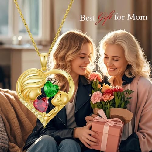 Mothers Day Gifts 14K Yellow Gold Mother Daughter Heart Pendant Necklace with 12 Months Birthstone Birthday Gifts for Mom Anniversarry Jewelry for Mom Wife Girlfriend - color: 01-05-Jan-May Birthstone