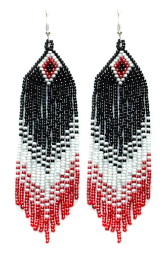 Long Beaded Dangle Earrings – Boho Native Handmade Seed Bead Tassel Bohemian Large Statement Drop Fringes for Women - color: Black