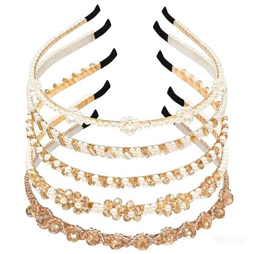 5 Pcs Pearl Headbands for Women, Thin Crystal Beaded Metal Hair Bands, Elegant Rhinestone Floral Hair Hoops, Vintage Bridal Wedding Hair Accessories Set for Girls - color: 5 Pcs Pearl