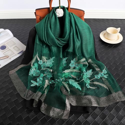 Jeelow Silk Blend Floral Fashion Scarf Shawl Wrap Lightweight Sheer For Women Floral Embroidery Wedding Party Prom - color: Green Sunflower