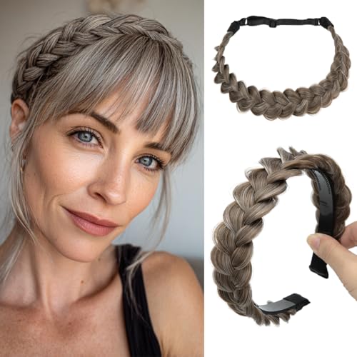 CJL HAIR 2PCs Braided Headbands Hair Piece for Women Synthetic Hair Hoops Head Bands Handmade Braid Hairband Accessories Elastic Stretch Headwrap Middle Grey - color: 2PCS-Middle Grey