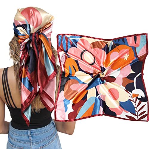 AWAYTR Satin Silk Scarf - Large Hair Bandana, Sleeping Wrap for Women - color: Flower