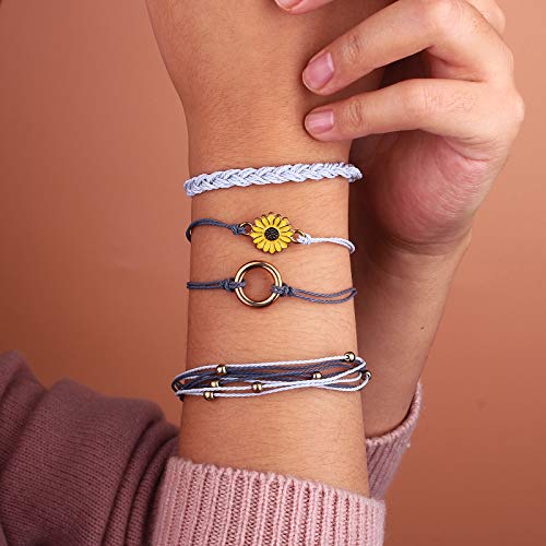 FANCY SHINY Easter Gifts Basket Stuffers Sunflower String Bracelet Boho Braided Rope Wrap Bracelets Cute Summer Beach Surfer Jewelry for Women - color: Grey