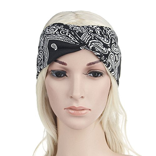 Assorted Paisley Print Wide Bandana Knot Headbands Criss Cross Head Wrap Hair Band (Black) - color: Black