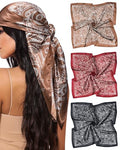 Mesovor 35” Square Head Scarf for Women, 3 Pack Like Silk Satin Headscarf Hair Neck Scarf Top Bandanas for Sleeping - color: Cashew(brown/Red/Black)
