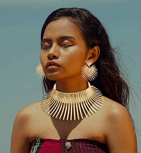 WAINIS African Collar Choker Necklace Earrings Bangle Set for Women Statement Tooth Shape Tribal African
