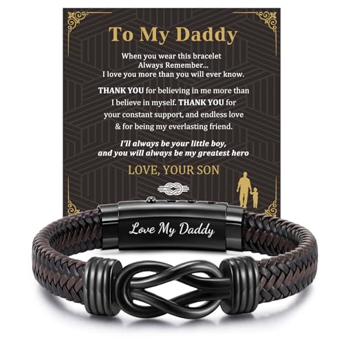 MEALGUET Men's Bracelets Gifts for Men - Brown Braided Leather Infinity Knot Bracelets Engraved Love Massage for Son Man Husband Boyfriend, Mens Bracelet Jewelry Gift for Birthday Valentine's - style: to my daddy from son