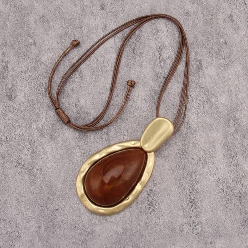 GelConnie Long Necklaces for Women Boho Large Pendant Necklace Casual Bohemian Brown Leather Choker Sweater Circle Statement Stone Necklace - style: Red Gold Long Necklace
