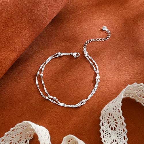 ASCOMY Ankle Bracelets for Women 14K Gold/Silver Plated Anklets for Women Waterproof Layered Cute Beads Dot Shining Twist Rope Chain Pearl Bar Link Heart Anklets Summer Beach Foot Chain Jewelry Gifts - style: Beads Link-SL