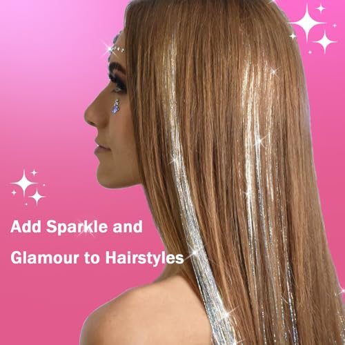 NIACONN Glitter Hair Tinsel Extensions Kit Silver with Tools and Beads, 48 Inch Sparkly Fairy Colorful Tensile Strands Shiny Hair Accessories for Women Girls Kids - color: Silver