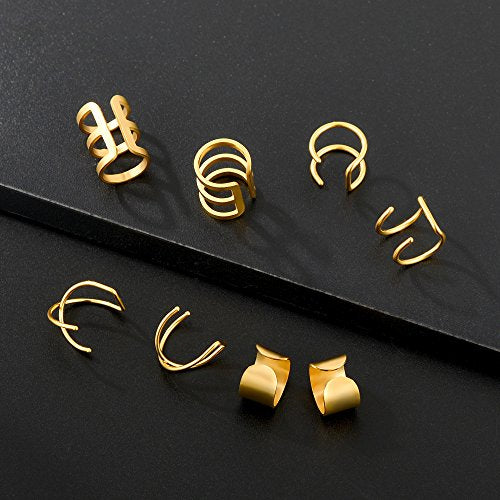 Tornito 4-10 Pairs Stainless Steel Ear Cuff Helix Cartilage Clip On Wrap Earrings Fake Nose Ring Non-Piercing Adjustable - color: B1: 4 Pairs, Gold Tone