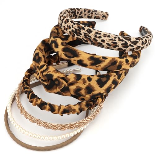 VELSCRUN Headbands for Women 7 Pcs Different Dark Leopard Color Knotted Solid Pearl Head Bands Non Slip Hair Band Stuff for Teen Girls Womens Trendy Fashion Diademas Para Mujer Hair Accessories - color: Dark Leopard Color