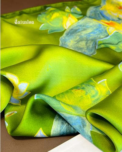 Saiusloa Neck Scarf For Womens Silky Head Scarves Hair Bandanas Square Scarf Fashion Accessories lightweight - color: 13-green Lotus Pond
