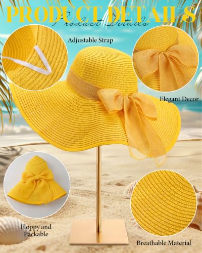 3 Pcs Summer Beach Set for Women Wide Brim Straw Sun Hat, Swimsuit Coverup Sarong, Heart Sunglasses - color: Yellow