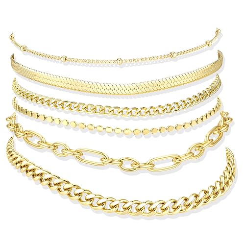 Besteel Ankle Bracelets for Women Waterproof - 14K Gold Plated Non Tarnish Layered Cuban Link Chain Rope Figaro Herringbone Anklets Set Plus Size Anklet Summer Foot Jewelry Gift Adjustable 8-12 Inch - style: 6 Pcs Gold Bead-8.5+2.5 Inch