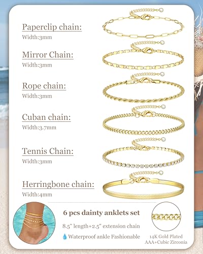 Besteel Ankle Bracelets for Women Waterproof - 14K Gold Plated Non Tarnish Layered Cuban Link Chain Rope Figaro Herringbone Anklets Set Plus Size Anklet Summer Foot Jewelry Gift Adjustable 8-12 Inch - style: 6 Pcs Gold Tennis-8.5+2.5 Inch