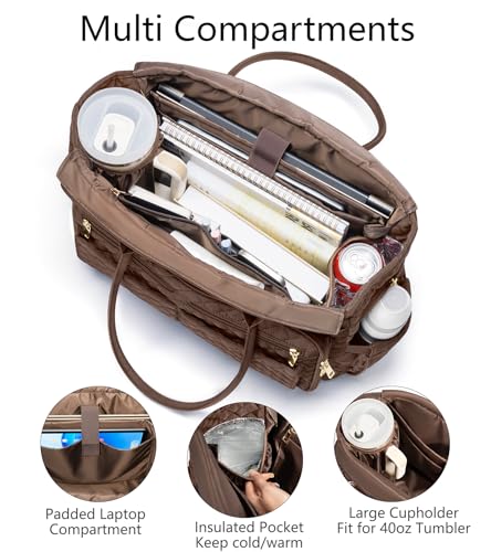 Bagstellar Teacher Bags for Women, 15.6 inch Laptop Work Tote Bag Quilted Nurse Bible Computer Shoulder Bag for School Travel | Dream Tote Work Bag - color: Chocolate