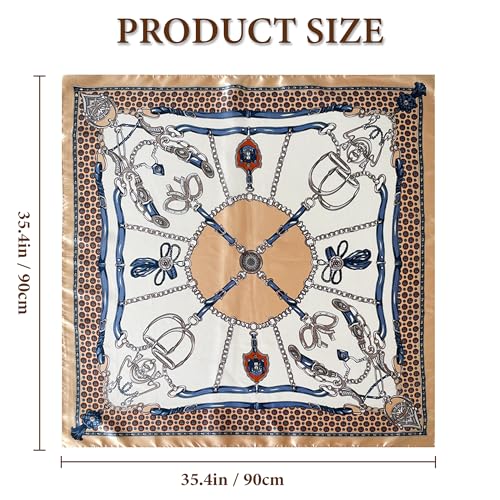 Large Square Head Scarf Bandana - 35" Satin Hair Scarf for Women Like Silk Scarf Fashion Hair Wrapping - color: Equestrian Chain(khaki), size: 35IN*35IN