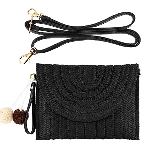 Frienda Straw Purses for Women Straw Clutch Crossbody Bag Summer Beach Shoulder Bag Woven Envelope Wallet Handbags - color: Black
