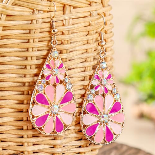 coadipress Bohemian Flower Teardrop Earrings for Women Trendy Vintage Colorful Hollow Out Flower Floral Dangle Earrings Bohemian Handmade Ethnic Statement Jewelry - color: Gold Pink