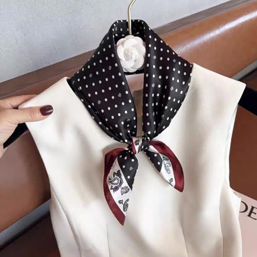 Aufeel Women's 100% Pure Mulberry Silk Small Square Scarf - Neckerchief Women - Silk Headscarf - 21" x 21" - color: Black Dot