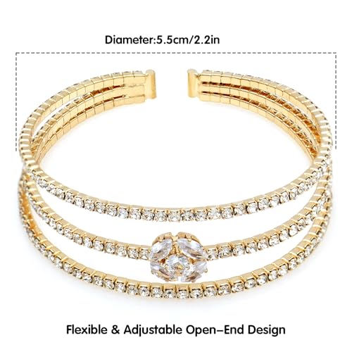 Women's Multi-Layer Rhinestone Cuff Bracelet Sparkling Crystal Tennis Bangle for Bridal Wedding Party - color: 1266 Gold