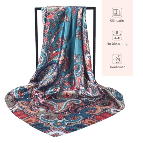 35 x 35 Women's Fashion Pattern Large Square Silk Like Hair Scarf Head Sleeping Wrap Satin Neck Bandana for Gift… - color: Blue - Buddha Cashew Nut