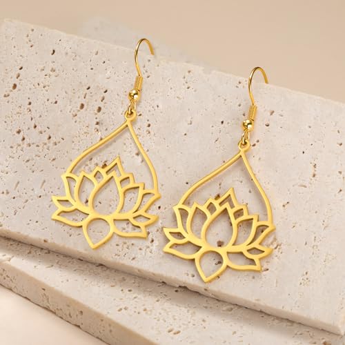 TEAMER Stainless Steel Lotus Flower Dangle Earrings Bohemian Drop Earring Unique Geometric Jewelry for Women - color: Lotus 7-Gold