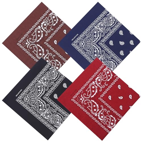 Mochabao 100% Cotton 27" x 27" Large Bandanas for Men & Women, Multi-Purpose Bandana Headbands, Square Head Scarf - color: Red/Black/Navy Blue/Brown
