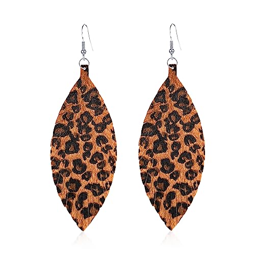 Large Genuine Soft leaf Leather Handmade Fringe Tassel Feather Lightweight Tear Drop Dangle Color Earrings for Women - color: Leopard