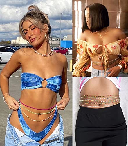 12PCS 24-70 Inches Plus Size Waist Beads Chains for Women Handmade African Belly Beads Layered Body Chain Beach Bikini Jewelry - size: 27.5 inches