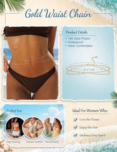 Gold Waist Chain for Women, Trendy Layered Belly Chain Jewelry, Adjustable Body Chain for Beach & Summer Outfit - style: Gold Style 1
