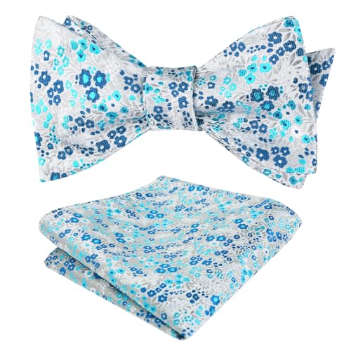 Alizeal Mens 2pcs Classic Floral Pattern Self-tied Bow Tie and Handkerchief Set - color: 045-gray/ Teal