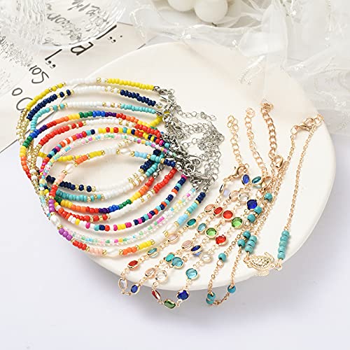 XIJIN 8Pcs Handmade Beaded Anklets for Women Boho Colorful Beads Ankle Bracelets Adjustable Foot Anklet Set - color: J